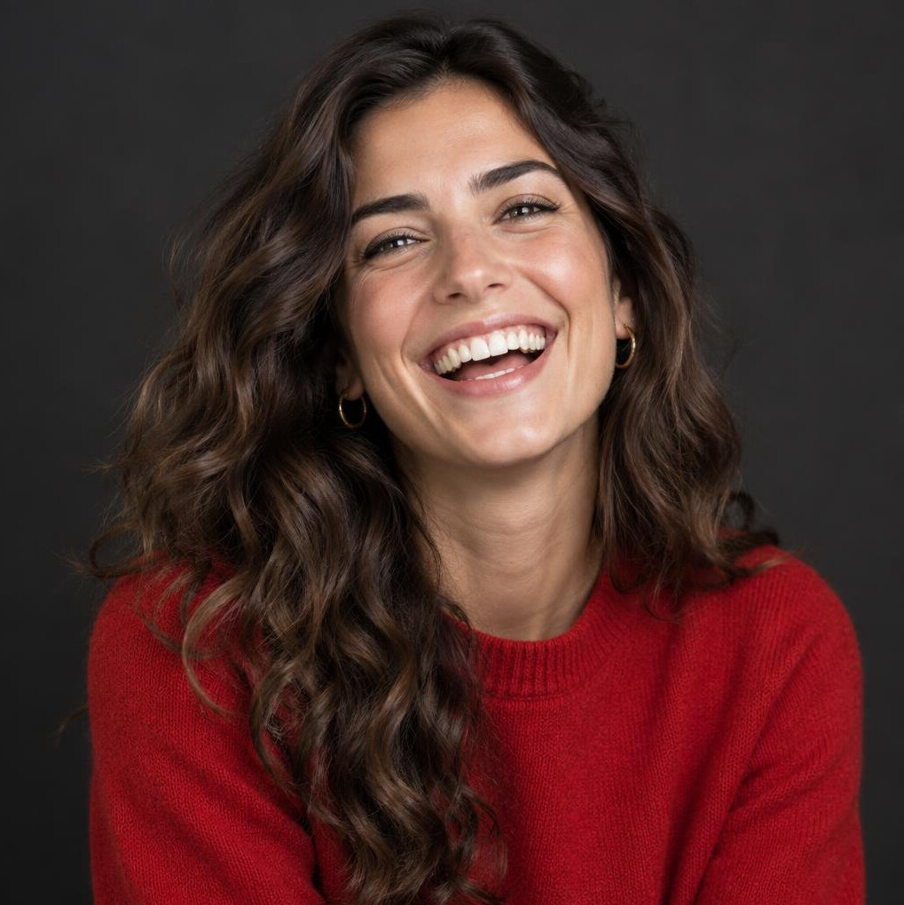 Portrait of a laughing woman with brown hair in a red sweater